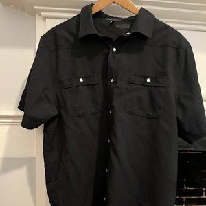 IBEX Men's Black 100% WOOL‎ snap button short sleeve shirt, Size:Large